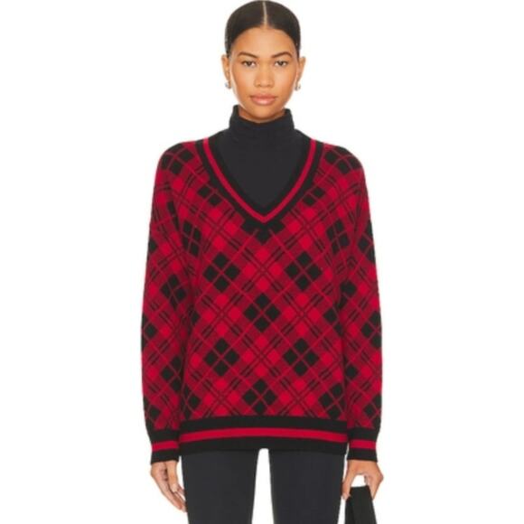 Beach Riot Joey Sweater Merry Plaid Red Black V Neck Pullover Oversized Large - Picture 1 of 13